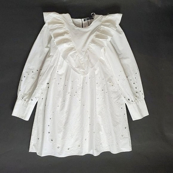 Zara White Cutwork Embroidery Long Sleeve Eyelet Oversized Ruffled Dress NWT - Picture 7 of 16
